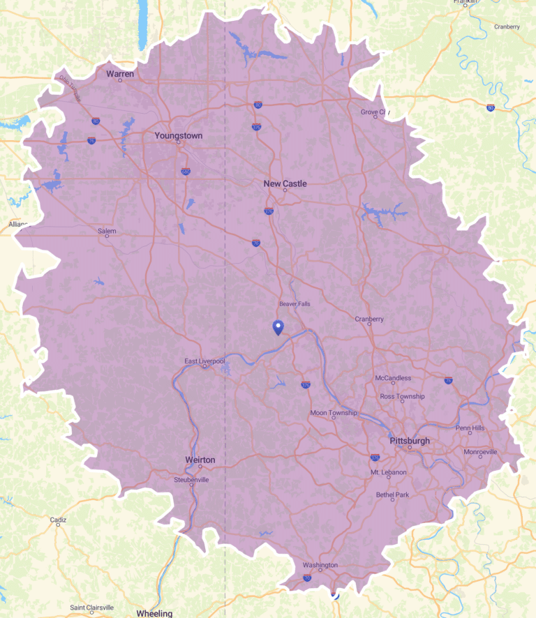 Map showing Happy Feet Dog Training service area across Beaver County, Pittsburgh, and surrounding communities.
